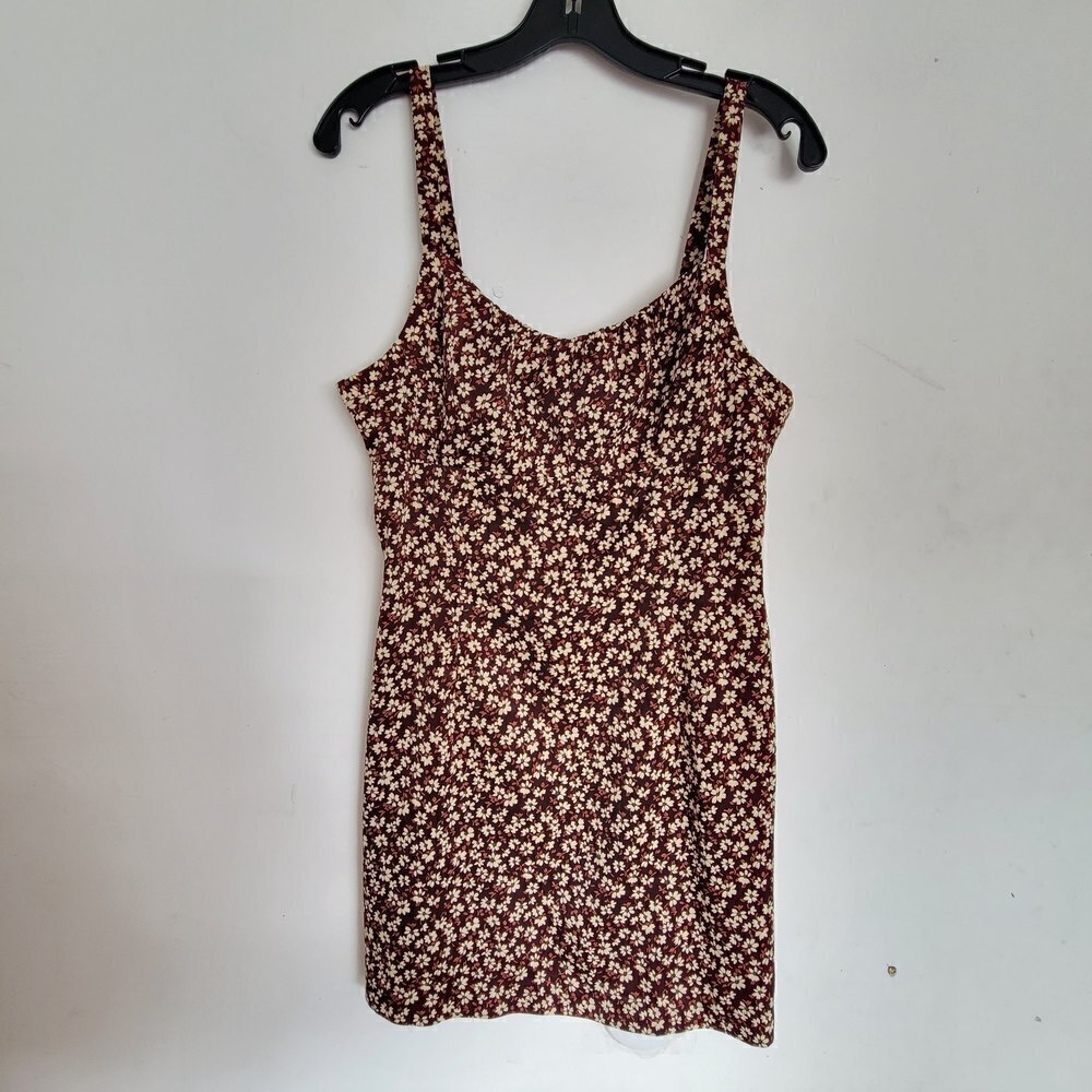 DECO Brown Cream Tan Floral Sleeveless Tank Mini Sun Summer Sheath Dress Small
